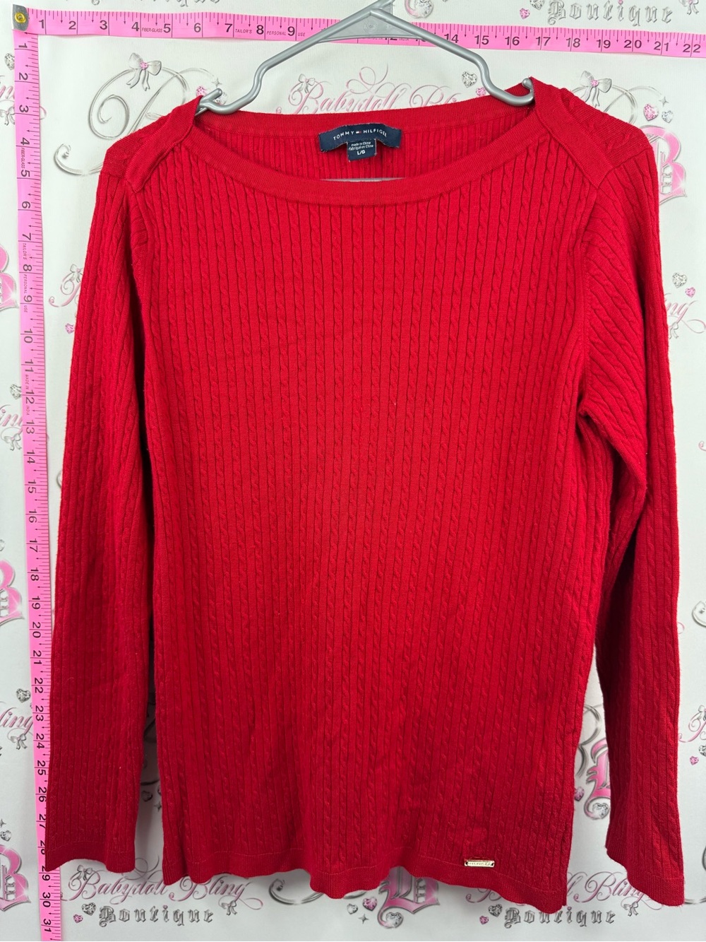 Tommy Hilfiger Bright Red Cable-Knit Crewneck Sweater